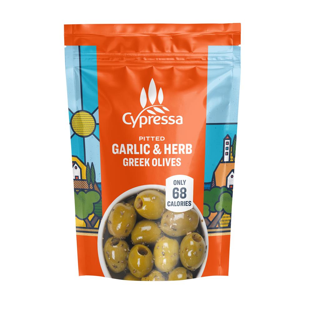 Garlic & Herb Pitted Green Greek Olives in Pouch 50g